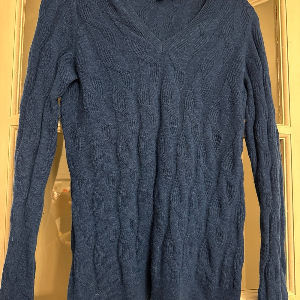 Kinross Cashmere Cableknit Sweater Vneck Marine Blue Size Small Preppy Classic